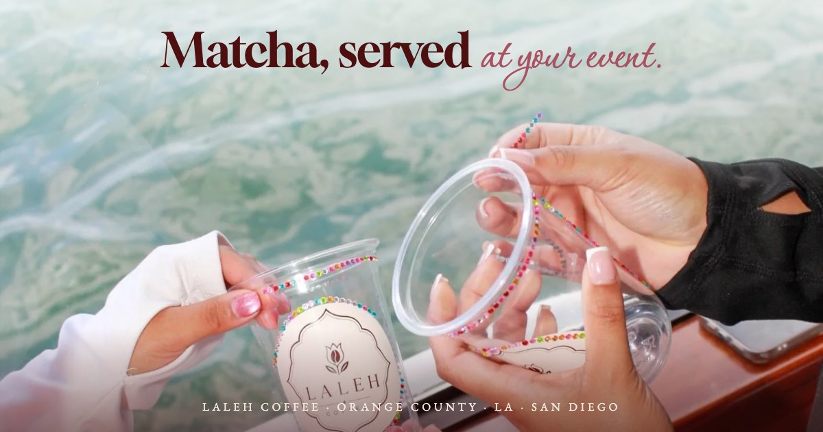 Share card for Laleh Coffee: the line Matcha, served at your event over a cup of matcha held at one
