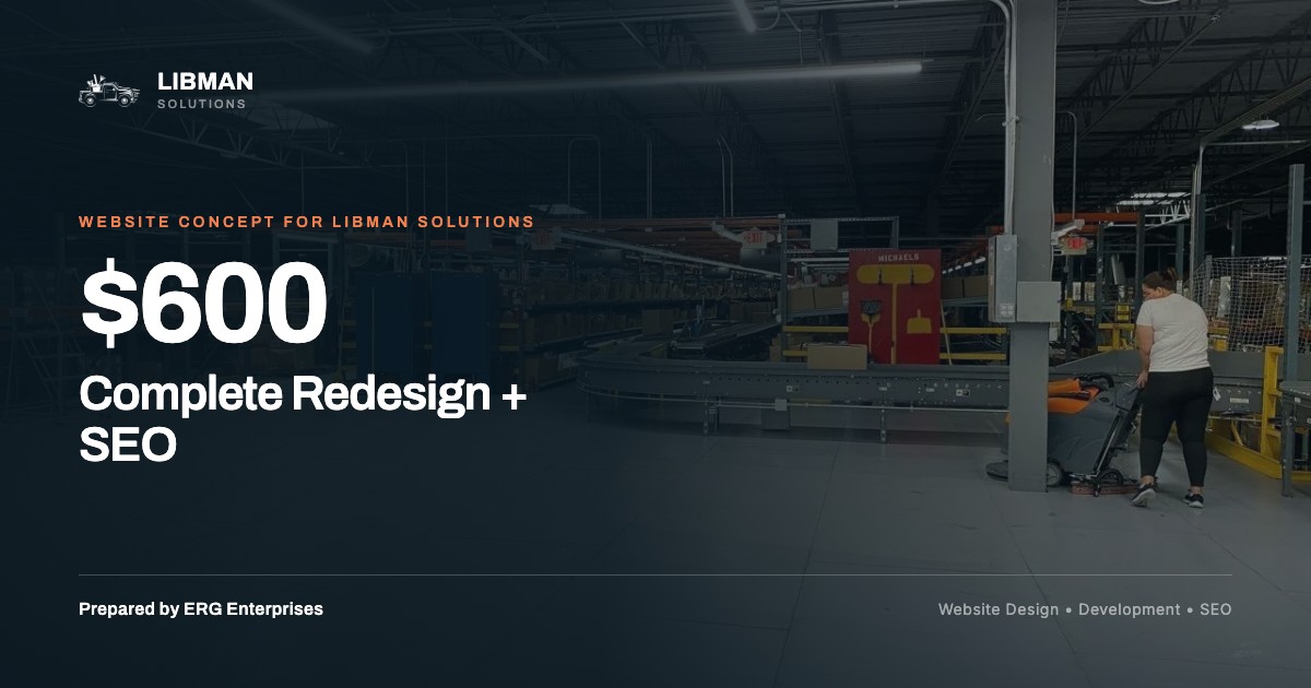 Share card for the Libman Solutions redesign concept, over a warehouse floor
