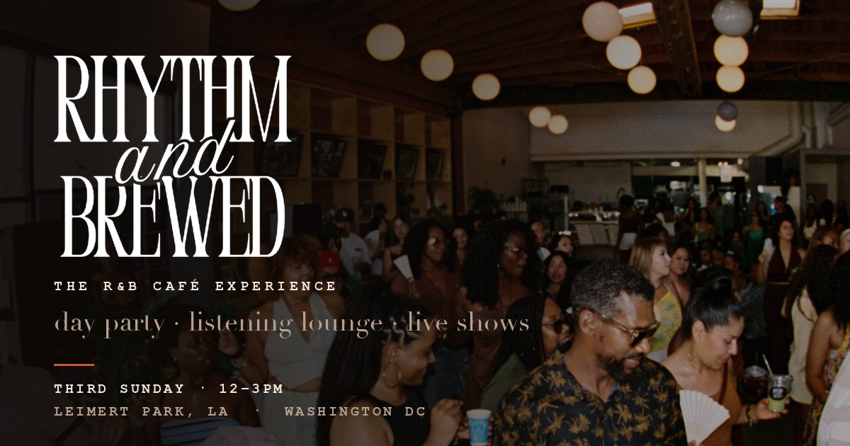 Share card for Rhythm and Brewed: the wordmark over a full room at a day party