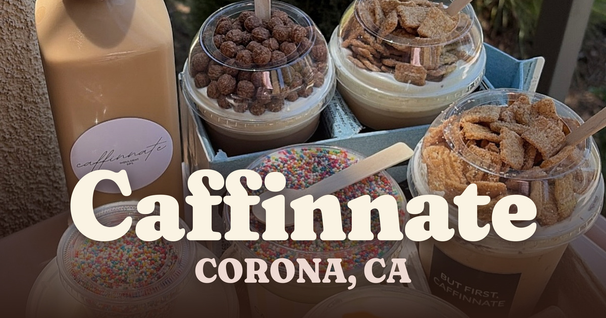 Share card for Caffinnate: a crate of iced drinks topped with cereal and sprinkles, the name set large across the photo
