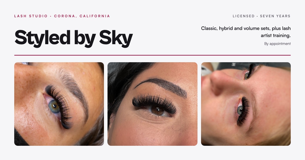 Share card for Styled by Sky: the studio logo on near-black beside a close up of a finished lash set
