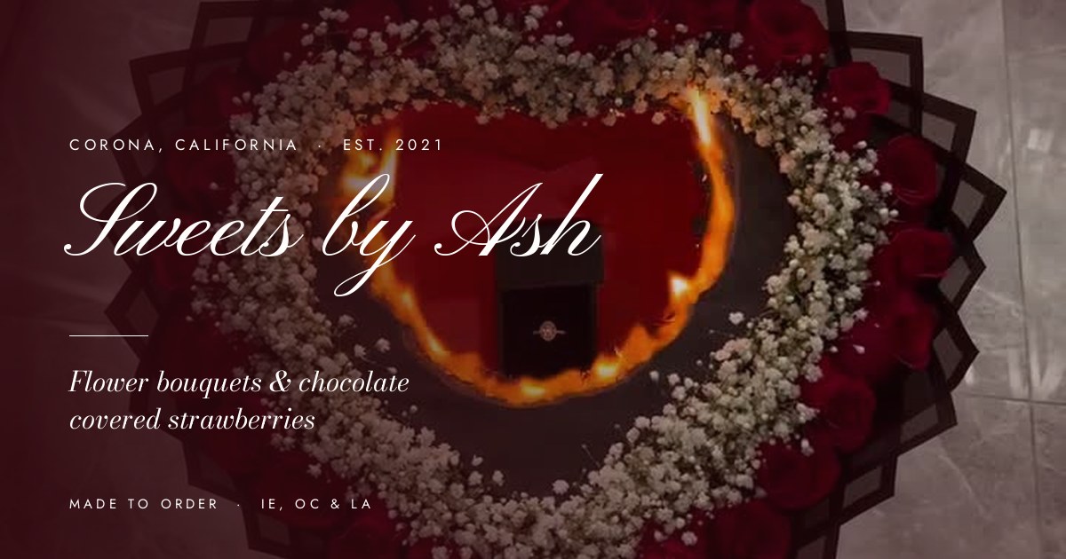 Share card for Sweets by Ash: a script wordmark over a heart of roses lit by a flame