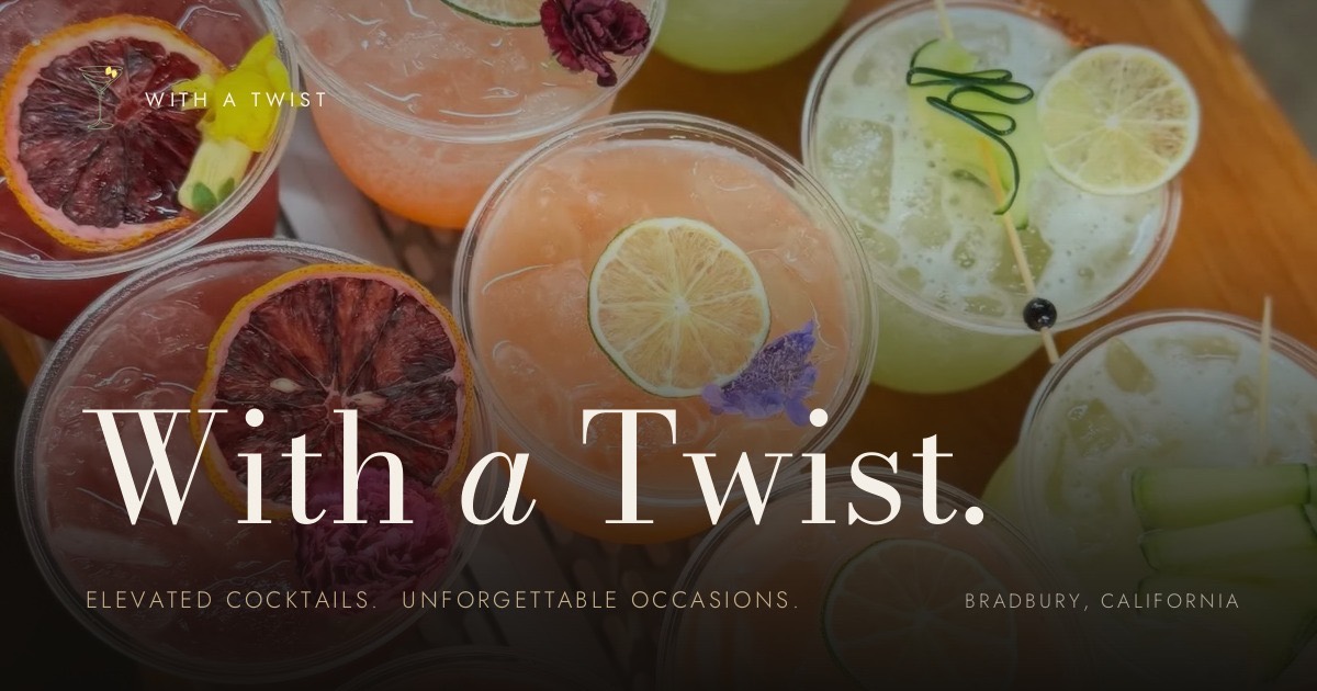 Share card for With A Twist: the wordmark over cocktails photographed from above, garnished with dried citrus and flowers